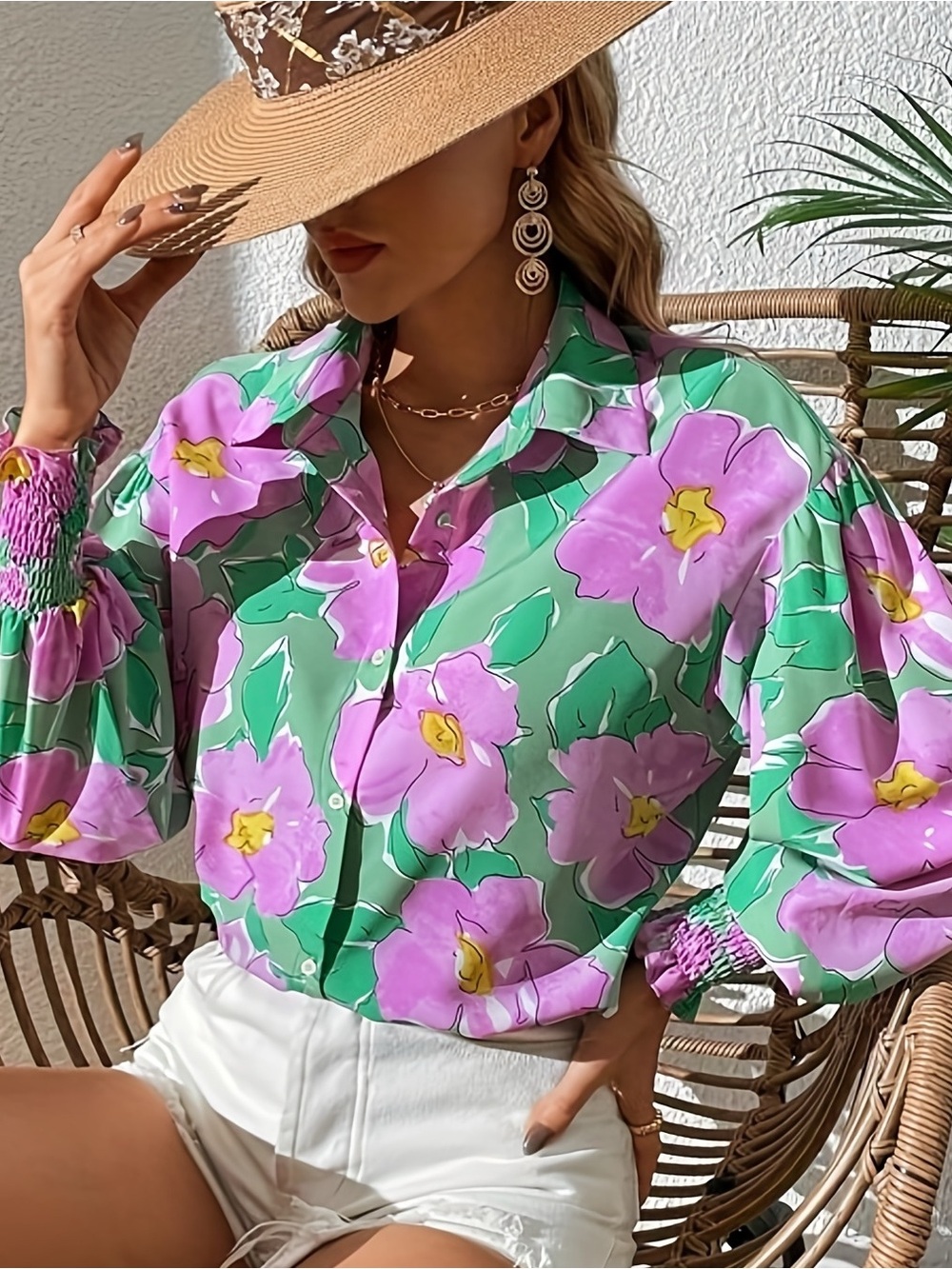 SHEIN Green Floral Button-Up Blouse with Pink Blossoms